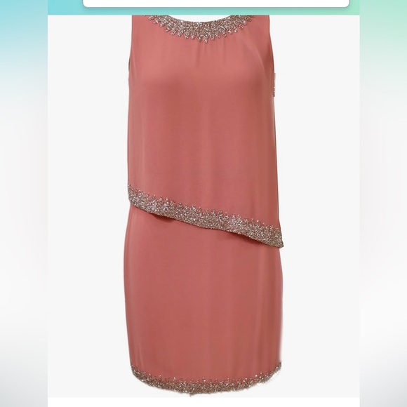 J Kara Women's👩🏽Asymmetrical Bodice EdgeBeadedShortCocktailDress👗Coral Sz 14P - Picture 2 of 9